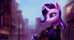 Size: 2816x1536 | Tagged: safe, derpibooru import, editor:siber, generator:purplesmart.ai, generator:stable diffusion, machine learning generated, starlight glimmer, pony, unicorn, city, clothes, dress, female, high res, mare, solo, steampunk, street