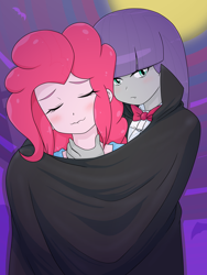 Size: 1668x2224 | Tagged: safe, artist:batipin, derpibooru import, maud pie, pinkie pie, human, undead, vampire, equestria girls, clothes, costume, dracula, eyes closed, female, halloween, halloween costume, holiday, lip bite, parody, siblings, sisters