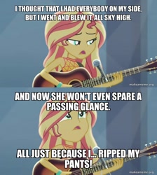 Size: 800x892 | Tagged: safe, derpibooru import, edit, edited screencap, screencap, sunset shimmer, better together, equestria girls, let it rain, guitar, musical instrument, ripped pants (spongebob episode), spongebob squarepants