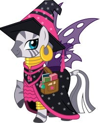 Size: 3000x3668 | Tagged: safe, artist:cloudyglow, derpibooru import, zecora, zebra, bag, book, cape, clothes, costume, female, high res, leg rings, looking at you, neck rings, nightmare night, saddle bag, simple background, smiling, solo, transparent background