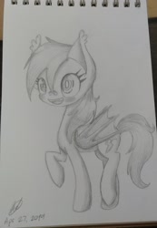 Size: 1417x2048 | Tagged: safe, artist:mcpearly, artist:mcpearly1, derpibooru import, rainbow dash, bat pony, pony, bat ponified, monochrome, race swap, raised hoof, raised leg, smiling, solo, traditional art