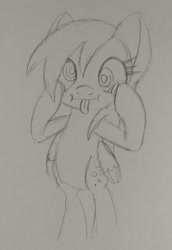 Size: 1406x2048 | Tagged: safe, artist:mcpearly, artist:mcpearly1, derpibooru import, derpy hooves, pegasus, pony, :p, derp, hooves on cheeks, monochrome, sketch, solo, tongue, tongue out, traditional art