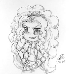 Size: 1137x1200 | Tagged: safe, artist:mcpearly, artist:mcpearly1, derpibooru import, adagio dazzle, human, equestria girls, female, grayscale, grin, hand on hip, monochrome, sharp teeth, sketch, smiling, solo, teeth, traditional art