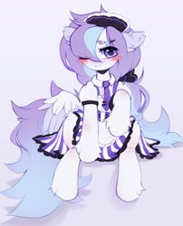 Size: 1280x1585 | Tagged: safe, artist:astralblues, derpibooru import, oc, oc only, pegasus, pony, blushing, clothes, dress, eye clipping through hair, eyebrows, eyebrows visible through hair, maid, maid headdress, necktie, solo