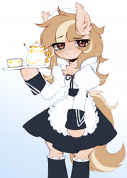 Size: 1280x1783 | Tagged: safe, artist:astralblues, derpibooru import, oc, oc only, semi-anthro, chest fluff, clothes, cup, ear fluff, ears, eye clipping through hair, eyebrows, eyebrows visible through hair, lidded eyes, looking at you, maid, raised eyebrow, solo, stockings, teacup, teapot, thigh highs