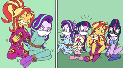 Size: 2954x1641 | Tagged: safe, artist:bugssonicx, derpibooru import, part of a series, part of a set, sci-twi, starlight glimmer, sunset shimmer, twilight sparkle, human, equestria girls, betrayal, bondage, bound and gagged, cloth gag, clothes, doppelganger, duality, escape, eyes closed, gag, grin, human starlight, human sunset, pajamas, rope, rope bondage, smiling, tied up, untying