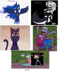 Size: 4224x4656 | Tagged: safe, artist:thegamerpainter, derpibooru import, screencap, princess luna, alicorn, cat, fish, hellhound, human, wolf, 1000 hours in ms paint, anime, gary the snail, he's squidward, helluva boss, looking at you, loona (helluva boss), luna (sailor moon), luna loud, meme, meme template, snail, spoilers for another series, spongebob squarepants, spread wings, text, wings, you're squidward