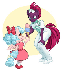 Size: 1280x1452 | Tagged: safe, artist:dstears, derpibooru import, cozy glow, fizzlepop berrytwist, tempest shadow, anthro, pegasus, plantigrade anthro, unicorn, bow, broken horn, clothes, cozybetes, cute, dress, duo, eye scar, female, filly, foal, food, hair bow, hat, horn, ice cream, licking lips, mare, name tag, neck bow, scar, shoes, tongue, tongue out, uniform