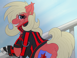 Size: 1600x1200 | Tagged: safe, artist:gray star, derpibooru import, oc, oc only, oc:scarlet star, cyborg, earth pony, pony, butt freckles, chest fluff, clothes, cyberpunk, ear fluff, ear piercing, ears, female, fluffy, freckles, glasses, jacket, leather, leather jacket, mare, nighthaze, piercing, simple background, solo, trans female, transgender, transgender oc, transparent background, unshorn fetlocks