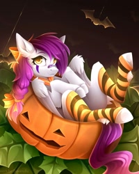 Size: 1080x1350 | Tagged: safe, artist:buvanybu, derpibooru import, oc, oc only, pegasus, pony, bandaid, bandaid on nose, clothes, halloween, holiday, jack-o-lantern, pumpkin, socks, solo, striped socks