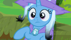 Size: 710x400 | Tagged: safe, derpibooru import, edit, edited screencap, screencap, trixie, pony, unicorn, a horse shoe-in, air quotes, animated, brooch, cape, careless, clothes, cute, diatrixes, female, glowing, hat, jewelry, lightup, mare, raised eyebrow, reckless, signed, solo, trixie's brooch, trixie's cape, trixie's glowing brooch, trixie's hat