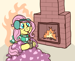 Size: 2763x2247 | Tagged: safe, artist:doodledonutart, derpibooru import, fluttershy, pegasus, pony, blanket, clothes, cute, drink, drinking, drinking straw, earmuffs, female, fire, fireplace, food, hoof hold, mare, ponytober, scarf, shyabetes, sitting, smiling, solo, striped scarf, tea