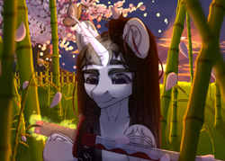 Size: 3500x2500 | Tagged: safe, artist:medkit, derpibooru import, oc, oc only, butterfly, pony, unicorn, bamboo, big eyes, cherry blossoms, cloud, eyes open, fence, grass, high res, katana, male, paint tool sai 2, petals, solo, stallion, sun, sunrise, sword, tree, weapon