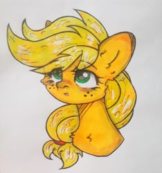 Size: 4096x4379 | Tagged: safe, artist:starkey, derpibooru import, applejack, earth pony, braid, braided tail, bust, chest fluff, ear fluff, ears, freckles, glare, rubber band, solo, tail, traditional art, wide eyes