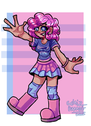 Size: 1920x2632 | Tagged: safe, artist:schizparrot, derpibooru import, pinkie pie, human, blushing, boots, bracelet, clothes, cute, dark skin, diapinkes, female, four fingers, grin, humanized, jewelry, shirt, shoes, skirt, smiling, socks, solo, starry eyes, t-shirt, wingding eyes