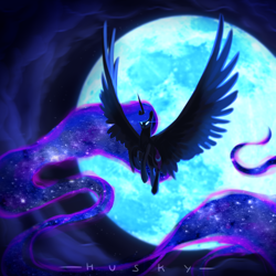 Size: 2000x2000 | Tagged: safe, artist:wolfythewolf555, derpibooru import, nightmare moon, alicorn, pony, female, flying, glowing, glowing eyes, mare, moon, night, night sky, sky, solo