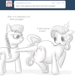 Size: 787x800 | Tagged: safe, artist:secretgoombaman12345, derpibooru import, diamond tiara, silver spoon, earth pony, pony, blushing, butt blush, butt touch, chubby diamond, embarrassed, fat, female, filly, foal, hoof on butt, looking at butt, partial color, simple background, white background