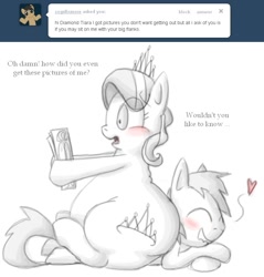 Size: 783x818 | Tagged: safe, artist:secretgoombaman12345, derpibooru import, diamond tiara, oc, earth pony, pony, ask, blushing, canon x oc, chubby diamond, fat, female, filly, foal, heart, lip bite, male, partial color, shipping, simple background, sitting on person, white background