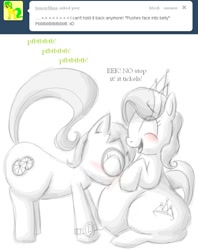 Size: 655x825 | Tagged: safe, artist:secretgoombaman12345, derpibooru import, diamond tiara, oc, oc:lemon lime, earth pony, pony, blushing, chubby diamond, fat, female, filly, foal, partial color, raspberry, simple background, sitting, tummy buzz, white background