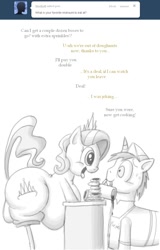 Size: 796x1246 | Tagged: safe, artist:secretgoombaman12345, derpibooru import, diamond tiara, donut joe, earth pony, pony, unicorn, ask, chubby diamond, duo, fat, female, looking at each other, looking at someone, male, mare, mouth hold, nervous, partial color, shrunken pupils, simple background, stallion, sweat, white background, wide eyes