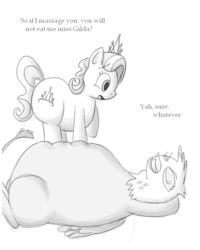 Size: 632x791 | Tagged: safe, artist:secretgoombaman12345, derpibooru import, diamond tiara, gilda, earth pony, griffon, pony, chubby diamond, fat, female, filly, foal, lying down, on back, partial color, simple background, white background