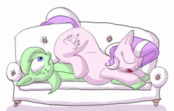 Size: 868x555 | Tagged: safe, artist:secretgoombaman12345, derpibooru import, diamond tiara, oc, earth pony, chubby diamond, fat, female, filly, foal, looking at butt, simple background, sitting on person, sofa, white background, wide eyes