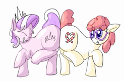 Size: 827x538 | Tagged: safe, artist:secretgoombaman12345, derpibooru import, diamond tiara, twist, earth pony, pony, butt to butt, butt touch, chubby diamond, eyes closed, fat, female, filly, foal, simple background, white background