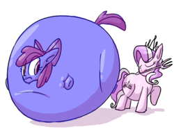 Size: 967x720 | Tagged: safe, artist:secretgoombaman12345, derpibooru import, apple bloom, diamond tiara, pony, blueberry inflation, chubby diamond, fat, female, filly, foal, fork, inflation, mouth hold, simple background, spherical inflation, this will end in tears, white background