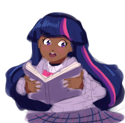 Size: 2100x2076 | Tagged: safe, artist:theladysknight, derpibooru import, twilight sparkle, human, book, dark skin, female, high res, humanized, open mouth, simple background, transparent background