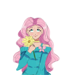 Size: 2100x2076 | Tagged: safe, artist:theladysknight, derpibooru import, fluttershy, human, female, flower, high res, humanized, looking up, shoulderless, simple background, smiling, solo, transparent background