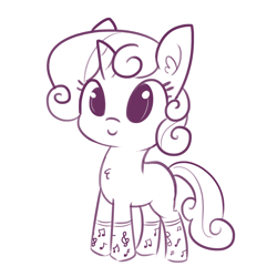 Size: 1650x1650 | Tagged: safe, artist:tjpones edits, derpibooru import, edit, sweetie belle, pony, unicorn, blank flank, chest fluff, clothes, cute, cutie mark, diasweetes, ear fluff, ears, female, filly, foal, horn, monochrome, music notes, simple background, smiling, socks, solo, tjpones is trying to murder us, white background