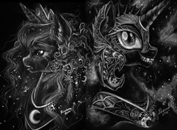 Size: 1149x842 | Tagged: safe, artist:arnne, derpibooru import, edit, editor:caligari87, nightmare moon, princess luna, alicorn, pony, back to back, bust, cloud, crying, duality, duo, ear piercing, earring, female, floral head wreath, flower, fluffy, frown, grayscale, grin, jewelry, monochrome, night, open mouth, piercing, portrait, profile, regalia, sad, smiling, stars, traditional art