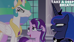 Size: 1280x720 | Tagged: safe, derpibooru import, edit, edited screencap, editor:quoterific, screencap, princess celestia, princess luna, starlight glimmer, a royal problem