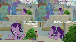 Size: 4400x2475 | Tagged: safe, derpibooru import, edit, edited screencap, editor:quoterific, screencap, phyllis, starlight glimmer, trixie, a horse shoe-in, inkwell, potted plant, quill, starlight's office