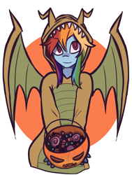 Size: 4092x5400 | Tagged: safe, artist:meliciamelano, derpibooru import, rainbow dash, anthro, dragon, candy, clothes, costume, dragon costume, food, halloween, halloween costume, holiday, looking at you, pumpkin, simple background, solo, trick or treat, white background