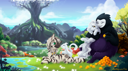 Size: 1600x899 | Tagged: safe, artist:arctic-fox, derpibooru import, oc, oc:ashley fox, oc:patrick poe, pony, zebra, blue sky, cloud, crossover, female, flower, forest, fruit, glowing, grass, group, hug, hugging a pony, mare, naru, nuzzling, ori, ori and the blind forest, pond, quartet, roots, sky, slim, smiling, tree, water, zebra oc