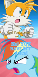 Size: 968x1936 | Tagged: safe, derpibooru import, edit, edited screencap, screencap, rainbow dash, fox, pegasus, pony, the washouts (episode), angry, ashleigh ball, comic, miles "tails" prower, screencap comic, sonic prime, sonic the hedgehog (series), sonic x, superman iv: the quest for peace, voice actor joke