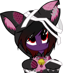 Size: 827x966 | Tagged: safe, artist:zeffdakilla, derpibooru import, oc, oc only, oc:frankie fang, human, equestria girls, bandage, base used, black hair, cat hoodie, collar, emo, looking at you, male, paws, piercing, purple skin, red eyes, scene, simple background, smiling, solo, transparent background