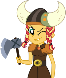 Size: 4674x5491 | Tagged: safe, artist:emeraldblast63, derpibooru import, sunset shimmer, equestria girls, alternate hairstyle, axe, braid, female, helmet, horned helmet, one eye closed, simple background, solo, transparent background, viking helmet, weapon, wink