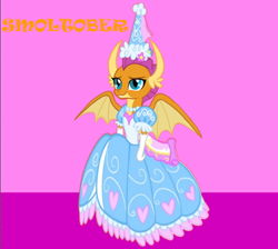 Size: 644x578 | Tagged: safe, artist:darlycatmake, derpibooru import, smolder, dragon, calm, clothes, cute, dragoness, dress, female, flower, froufrou glittery lacy outfit, gloves, happy, hat, hennin, jewelry, long gloves, looking at you, necklace, princess, princess smolder, relaxed, relaxed face, smiling, smiling at you, smolderbetes, spread wings, wings