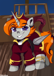 Size: 1843x2568 | Tagged: safe, artist:galaxynightt, derpibooru import, oc, oc only, oc:disterious, pony, unicorn, blue eyes, feather, hat, horn, looking at you, male, pirate, pirate hat, pirate outfit, pirate ship, smiling, smiling at you, solo, stallion, standing, sword, unicorn oc, weapon