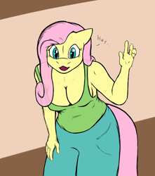 Size: 720x816 | Tagged: safe, artist:axentooth, derpibooru import, fluttershy, anthro, absolute cleavage, breasts, cleavage, clothes, colored sketch, female, hootershy, leaning forward, pants, sketch, solo, tanktop, waving