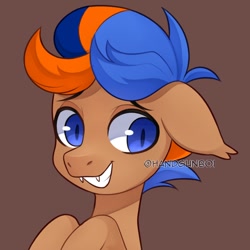 Size: 1373x1373 | Tagged: safe, artist:handgunboi, derpibooru import, oc, oc only, oc:fakka, bat pony, pony, bust, commission, fangs, male, simple background, smiling, solo, watermark