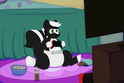 Size: 4050x2700 | Tagged: safe, artist:axiscloud, derpibooru import, oc, oc only, oc:zenawa skunkpony, hybrid, pony, skunk, skunk pony, baby bottle, barely pony related, bed, chewing, chips, chocolate, chocolate milk, colt, controller, cookie, diaper, diaper fetish, eating, fetish, foal, food, high res, male, milk, nintendo, nintendo switch, paws, pinkie's bedroom, playing, raised tail, rug, sitting, sitting on floor, smiling, snacks, solo, solo male, spread legs, spreading, tail, television, underhoof, video game