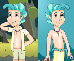 Size: 1294x1065 | Tagged: safe, artist:ocean lover, derpibooru import, terramar, human, mermaid, season 8, surf and/or turf, spoiler:s08, arm behind head, background, belly button, bubble, bush, clothes, grass, handsome, human coloration, humanized, jewelry, legs, looking up, male, merboy, merman, mermanized, mount aris, nature, necklace, ocean, outdoors, pearl, pearl necklace, shirt, shorts, sleeveless, smiling, species swap, tree, underwater, water