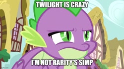 Size: 888x499 | Tagged: safe, derpibooru import, edit, edited screencap, screencap, spike, dragon, blatant lies, caption, image macro, implied rarity, implied twilight sparkle, simp, text, winged spike, wings