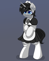 Size: 2000x2500 | Tagged: safe, alternate version, artist:skyboundsiren, derpibooru import, oc, oc:cyan delta, pony, unicorn, bipedal, clothes, crossdressing, cute, femboy, maid, male, multiple variants, simple background, sissy, socks, stallion