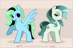 Size: 2638x1763 | Tagged: safe, artist:syrupyyy, derpibooru import, oc, oc only, oc:blue mint, oc:spring mint, earth pony, pegasus, pony, duo, female, lidded eyes, mare, open mouth, open smile, ponytober, raised hoof, raised leg, smiling, spread wings, wings