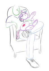 Size: 748x1080 | Tagged: safe, artist:purblehoers, derpibooru import, twilight sparkle, unicorn twilight, oc, oc:anon, human, pony, unicorn, chair, crossed legs, female, holding a pony, mare, simple background, sitting, sitting on person, sketch, white background