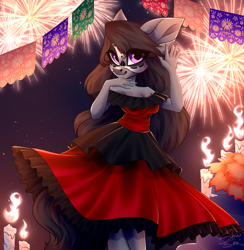 Size: 4000x4091 | Tagged: safe, artist:shinoshai, derpibooru import, octavia melody, anthro, earth pony, candle, cempasúchil, clothes, commission, dia de los muertos, dress, female, fireworks, looking at you, mare, night, sketch, solo